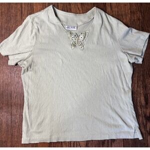 🦋Blair Boutique Blouse Women's‎ Large Green Short Sleeve Beaded Butterfly